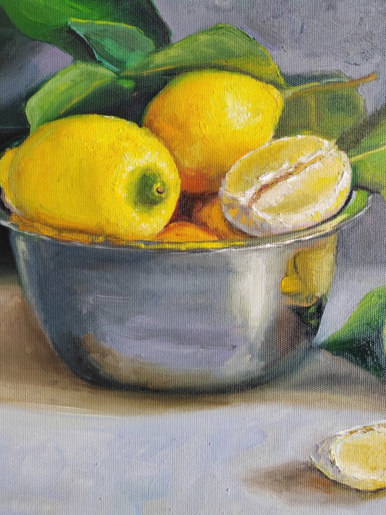 Lemon fruit slices in metal bowl oil painting still life