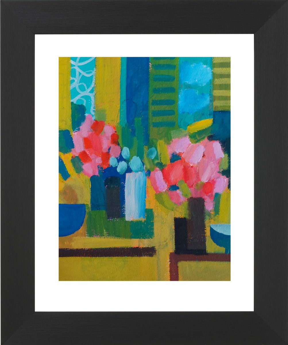 Abstract Botanical Acrylic Painting By Jan Rippingham, 12 X 15, Two Vases Of Pink Flowers, Original Artwork