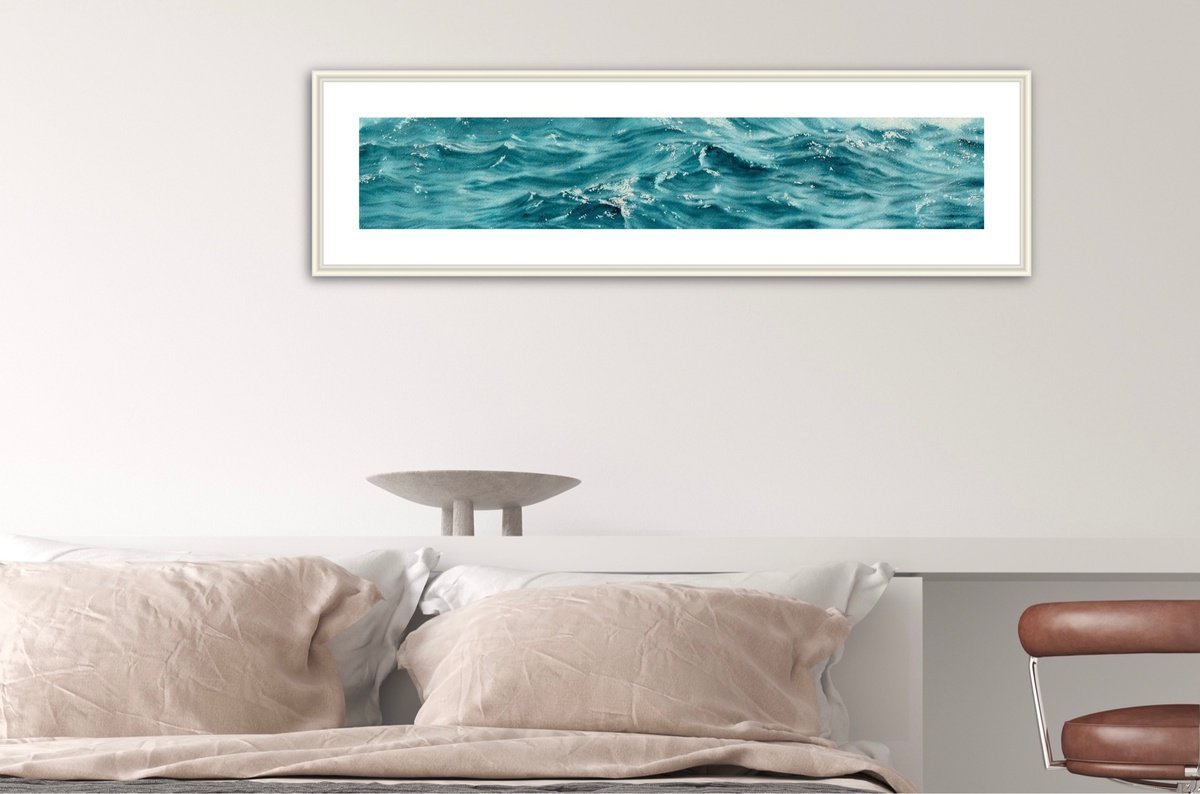 Impressionistic Landscape Watercolour By Kateryna Nazarenko, 22 X 4", Sparkles On A Turquoise Water, Original Artwork