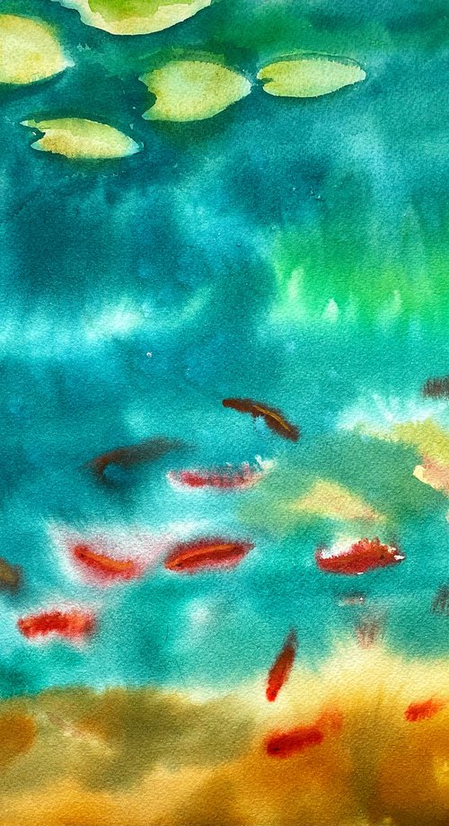 Fishes Pond Watercolour Painting, Abstract Landscape Original Art, Green Wall Art by Kate Grishakova