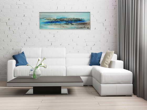 Memories  - abstract acrylic painting, canvas wall art, blue brown white, framed modern art