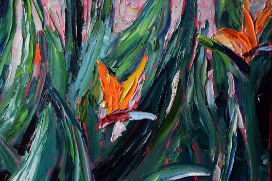 Big original oil painting Flowers Bird of paradise