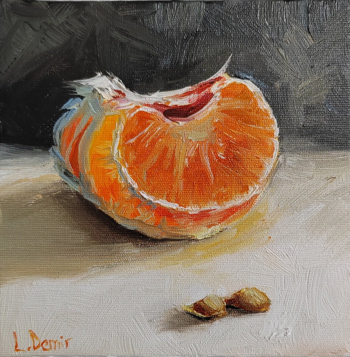 Photorealistic Still Life Oil Painting By Leyla Demir, 4 X 4", Tangerines Slice Fruit Still, Original Artwork