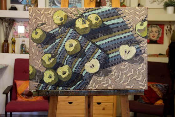 Apples on a striped drapery