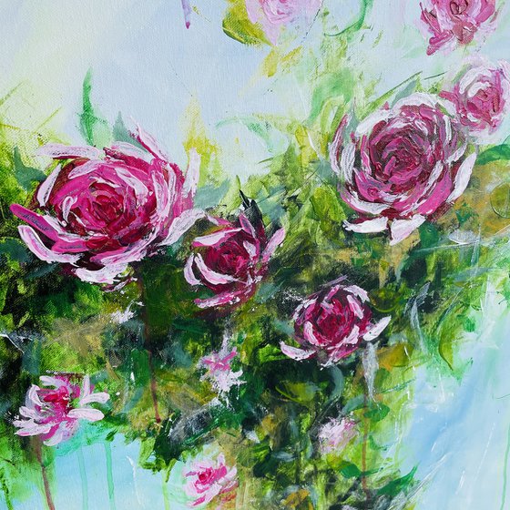 “Trailing roses” 100x100cm large acrylic
