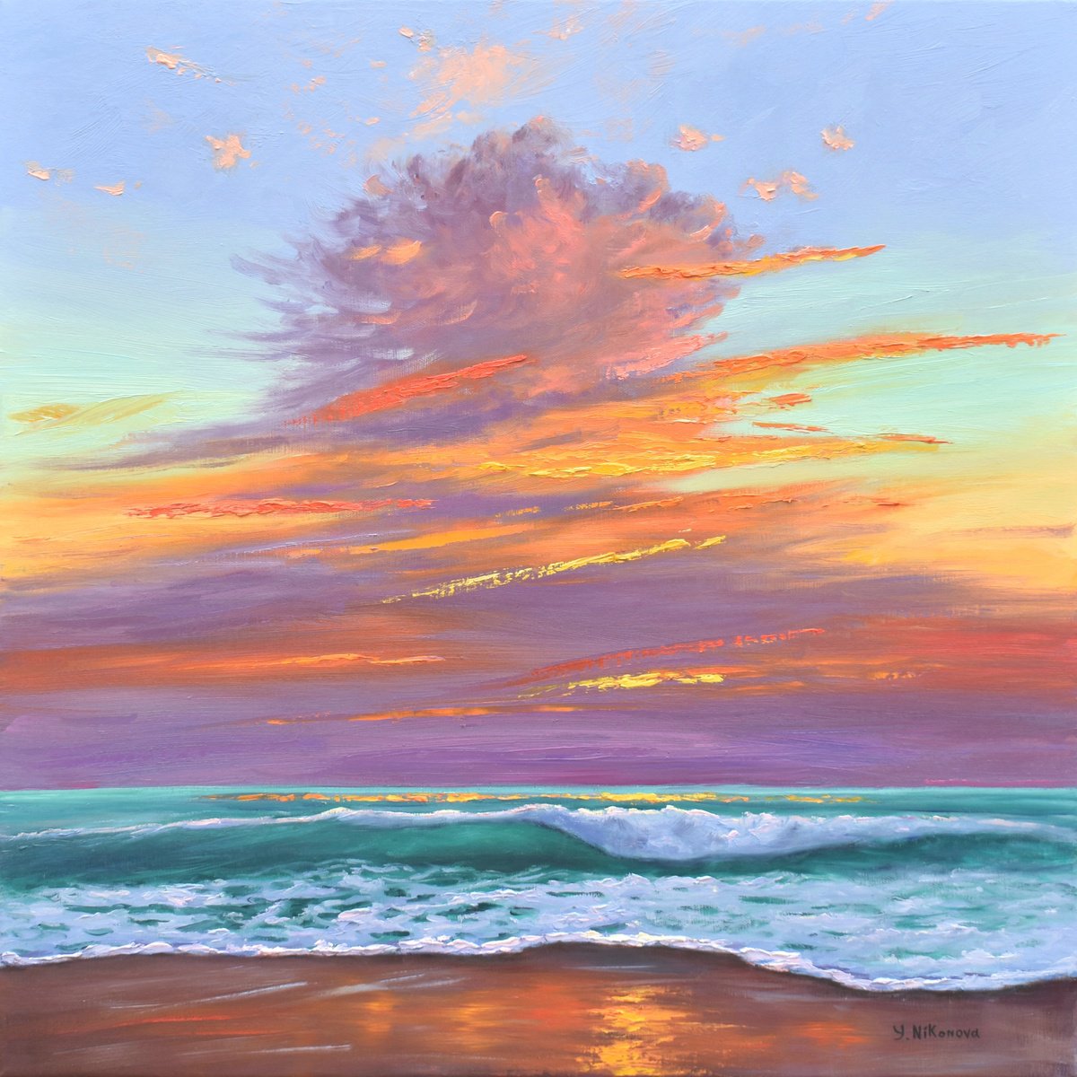 Impressionistic Landscape Oil Painting By Yulia Nikonova, 24 X 24", Vivid Sunset, Original Artwork