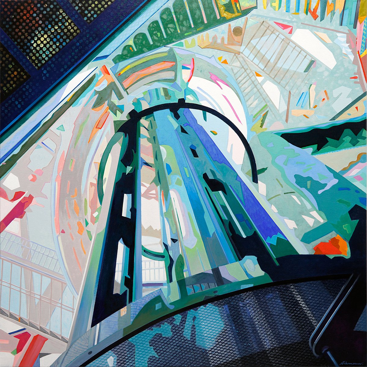 Urban And Pop Cityscapes Acrylic Painting By Uwe Fehrmann, 39 X 39", Time Machine, Original Artwork