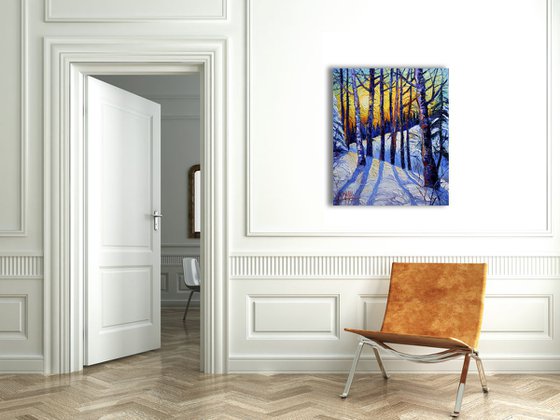 Winter Woodland Sunset Modern Impressionist Palette Knife Oil Painting
