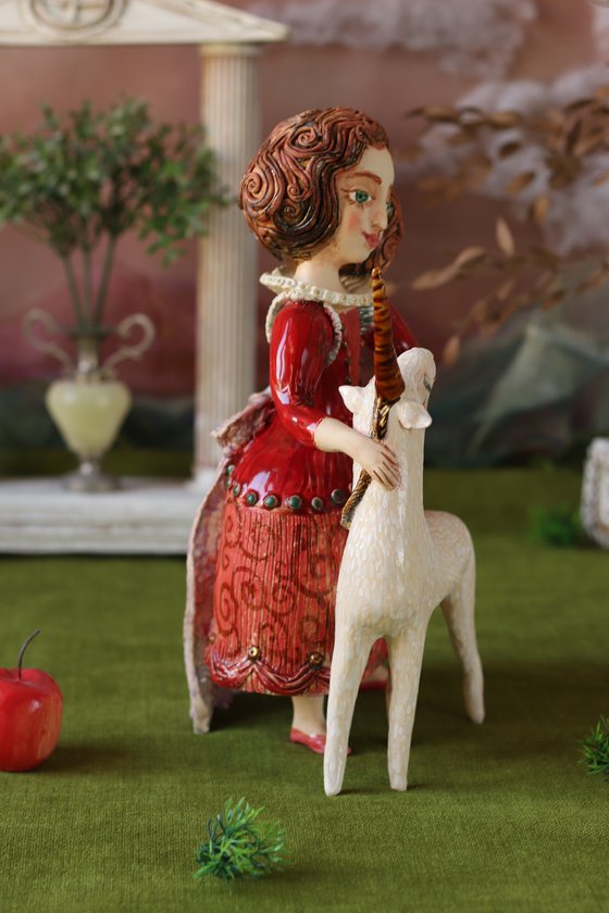 Infanta with a unicorn. Ceramic sculpture