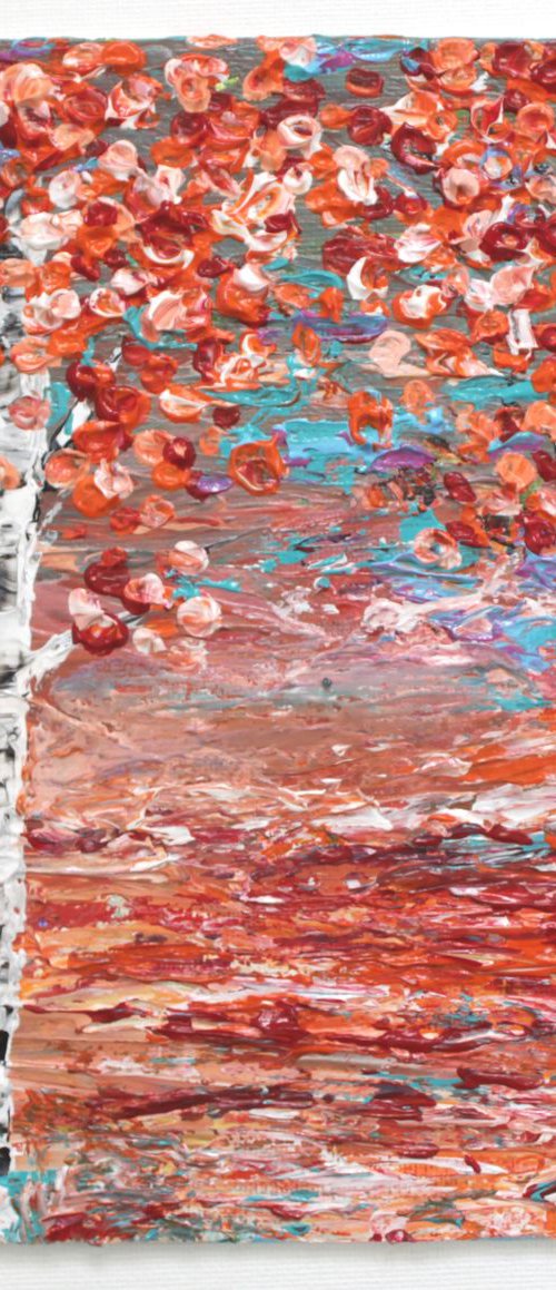 "Magical Orange World,2017" - Autumn Birch Tree - Landscape Impressionistic Acrylic Painting on Canvas Board by Vikashini Palanisamy