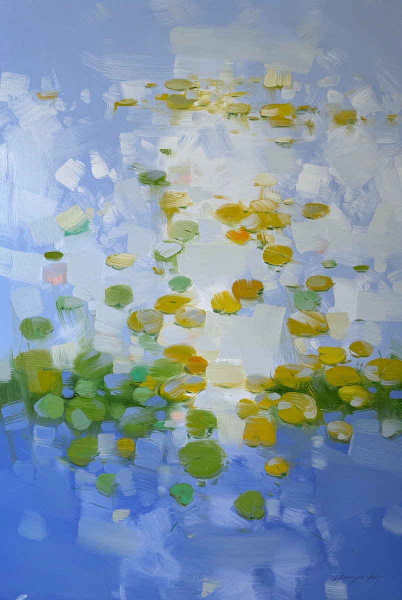 Impressionistic Landscape Oil Painting By Vahe Yeremyan, 30 X 44", Waterlilies, Original Artwork