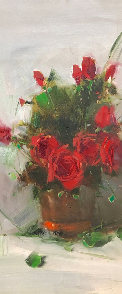 Vase of Roses, Oil painting, One of a kind, Signed, Handmade artwork by Vahe Yeremyan