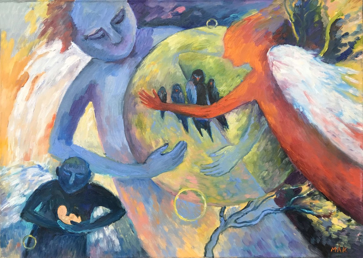 WHERE THE BEGINNING IS - expressive surrealistic artwork with people and birds in outer sp... by Irene Makarova