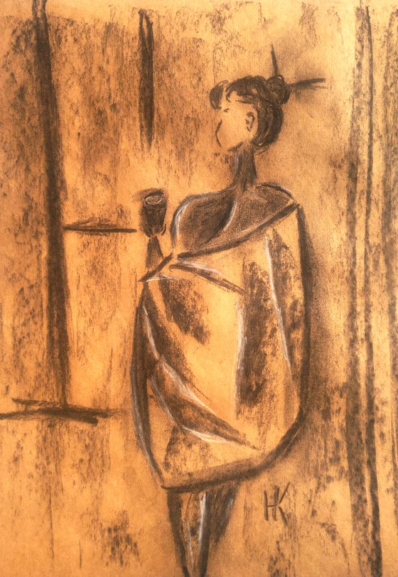 Coffee Time Painting Woman Original Art Lady Charcoal Drawing Wall Art 12 by 17 inches by Halyna Kirichenko