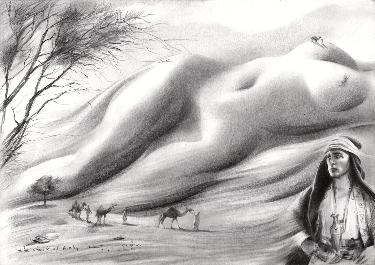 Surrealistic Landscape Pencil Drawing By Corne Akkers, 12 X 8, The Sheik Of Araby - 15-10-17, Original Artwork