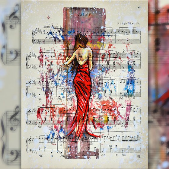 Valse - Girl In The Red Dress - Collage Art on Real Vintage Sheet Music Page