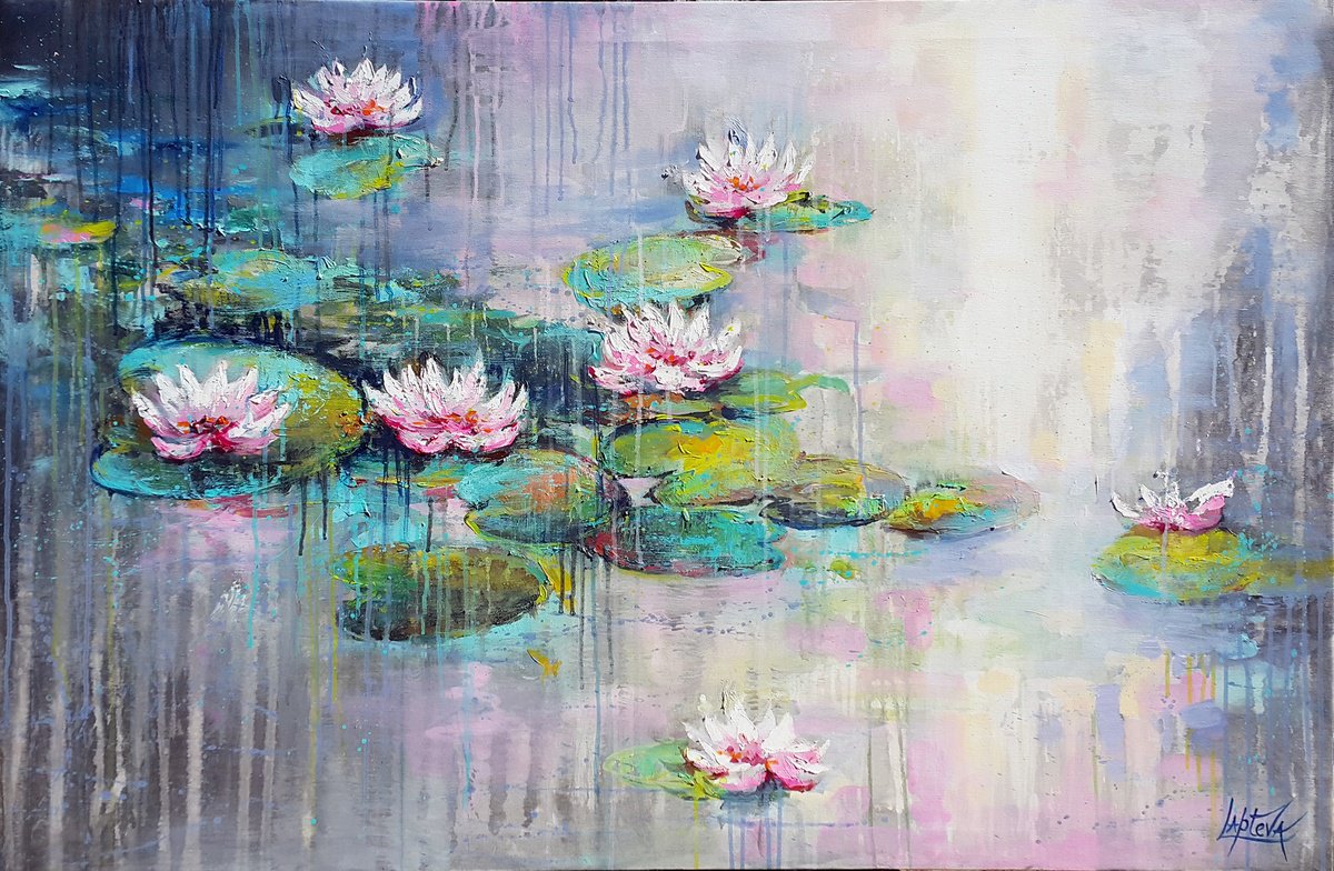 Impressionistic Botanical Acrylic Painting By Viktoria Lapteva, 55 X 35", Water Lilies, Original Artwork
