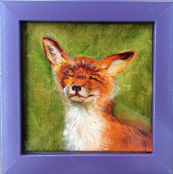 Animal original painting - Fox tiny artwork - Shelf painting - Framed canvas art (2021)