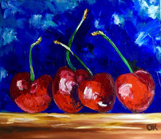 Cherries. Still life. Palette knife painting on linen canvas