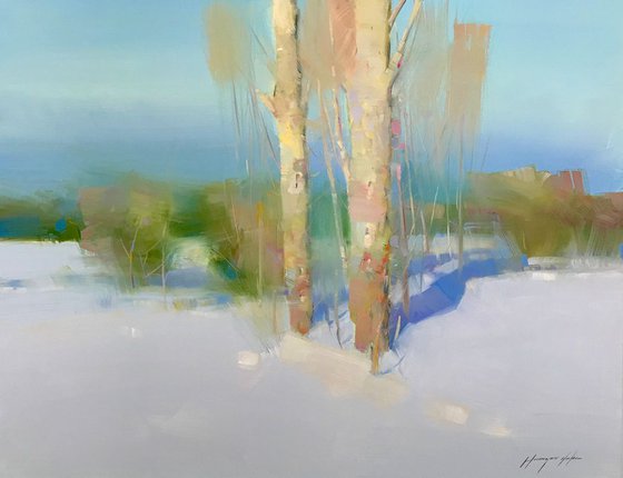 Birches at Winter, Landscape oil painting, Handmade artwork,