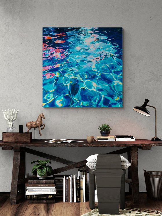 Sea ocean blue color waves with bright sun glares water reflections. Impressionistic artwork. Large wall art home decor. Art Gift