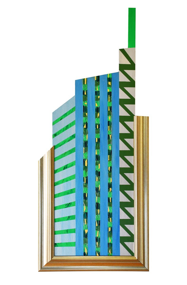 Geometric Cityscapes Sculpture By Zeljka Paic, 20 X 46", Green Architecture Iii - Vertical Gardens, Original Artwork