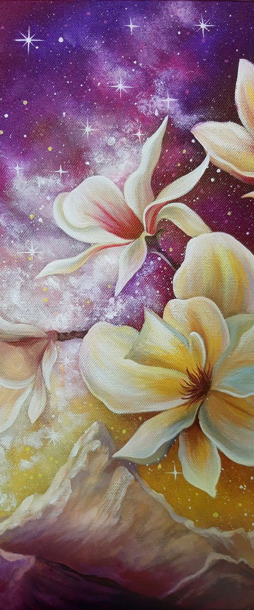 "Night shining", magnolia painting, blossoming, flowers by Anna Steshenko