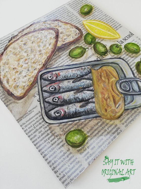 "Sardines Tin with Bread Slices, Olives and Lemon on Newspaper" Original Oil on Wooden Board Painting 8 by 8"(20x20cm)