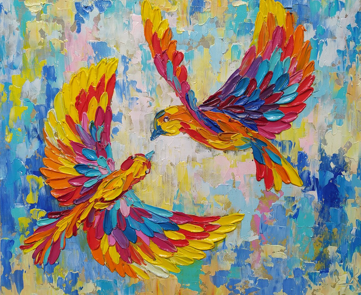 Flight in dreams - birds, hummingbirds oil painting, love oil painting, birds oil painting... by Anastasia Kozorez