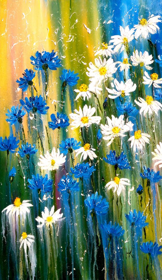 Daisy Painting Floral Original Art Cornflowers Oil Artwork Camomile Painting Meadow Wild Flowers Home Wall Art 12 by 20" by Halyna Kirichenko