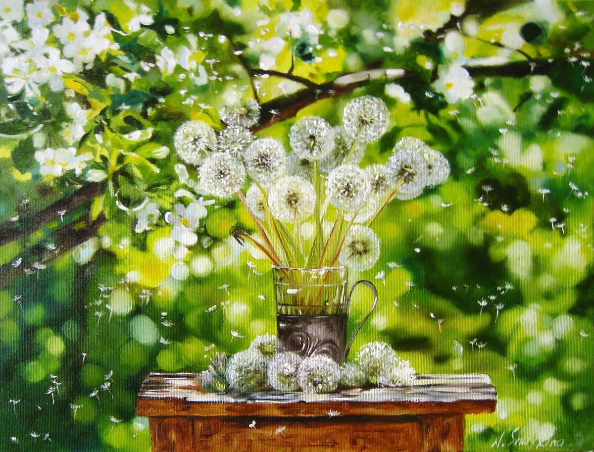 Photorealistic Oil Painting , Dandelion Seeds And Flowering Garden By Natalia Shaykina, 16 X 12, Artwork For Sale On Artfinder