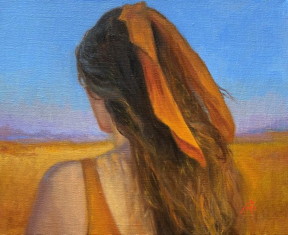 Original head portrait of a young woman, oil painting.