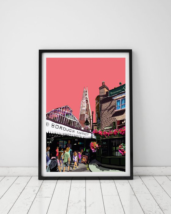 A3 Borough Market (Pink), London Illustration Print