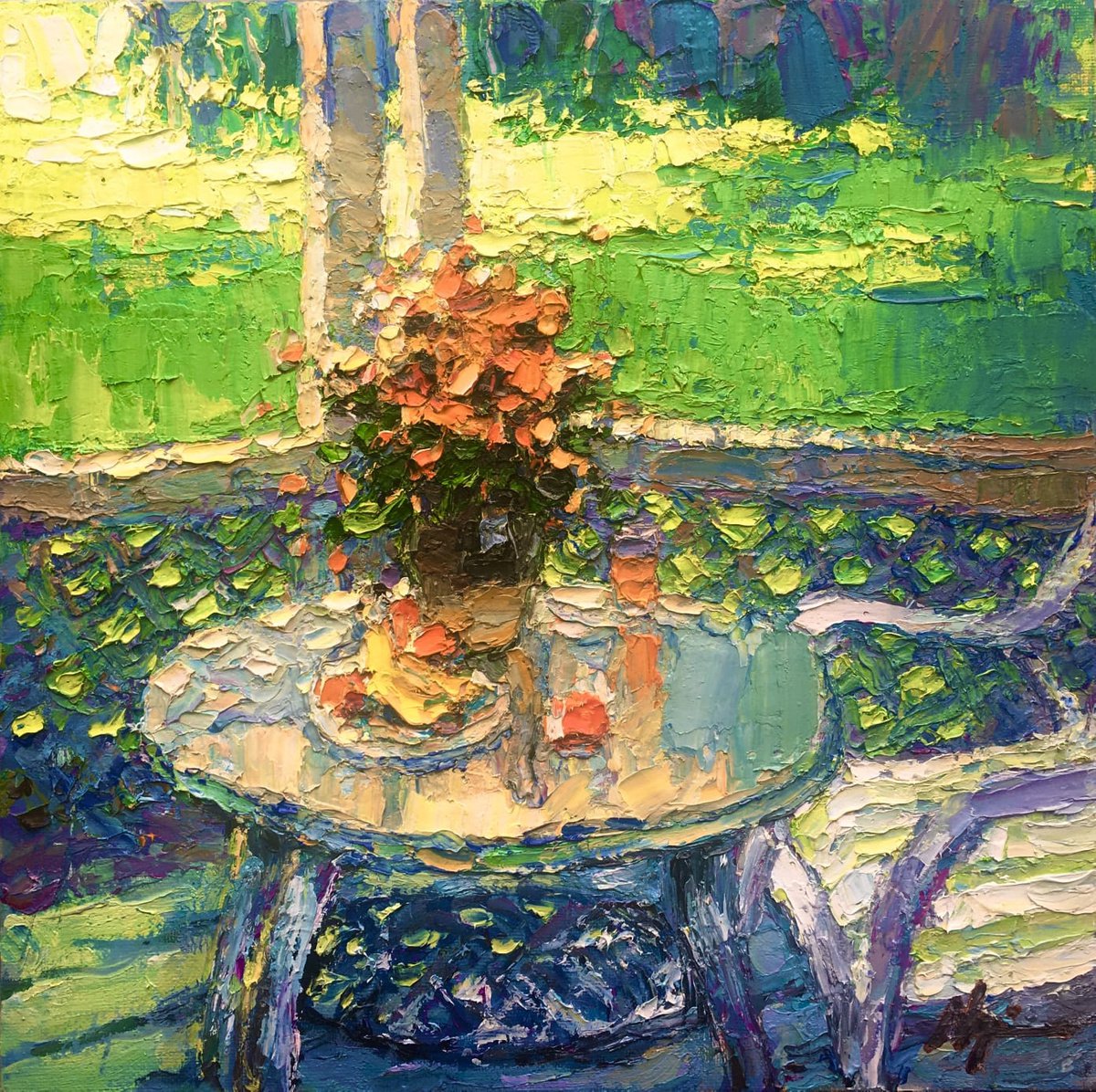 Impressionistic Botanical Oil Painting By Dong Lin Zhang, 12 X 12, Morning Light, Original Artwork