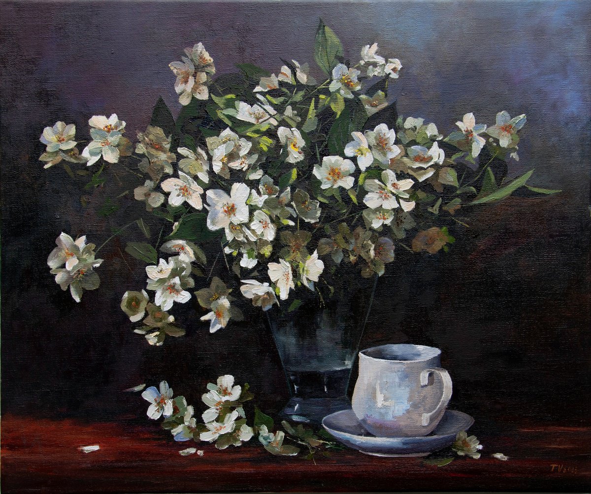 Impressionistic Botanical Oil Painting By Tetiana Vysochynska, 24 X 20", Jasminum Flower, Original Artwork