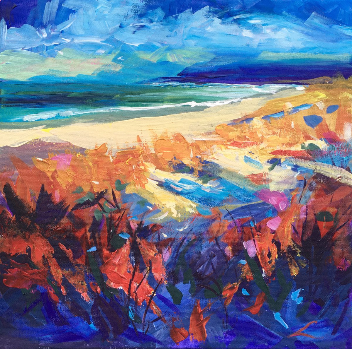 Impressionistic Landscape Acrylic Painting By Elena Sokolova, 14 X 14, Passion Beach, Original Artwork