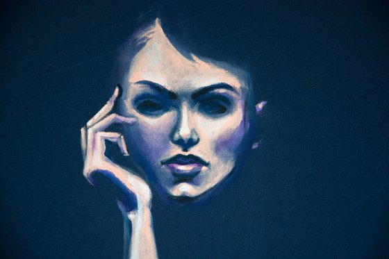 "I'm waiting '",Original acrylic painting on hand stratched fabric 50x105x2cm from serie " Blue dimension"