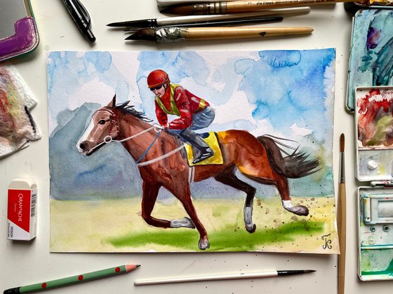 Horse Watercolor Painting, Horse Racing Original Artwork, Equestrian Sport Picture, Farmhouse Decor