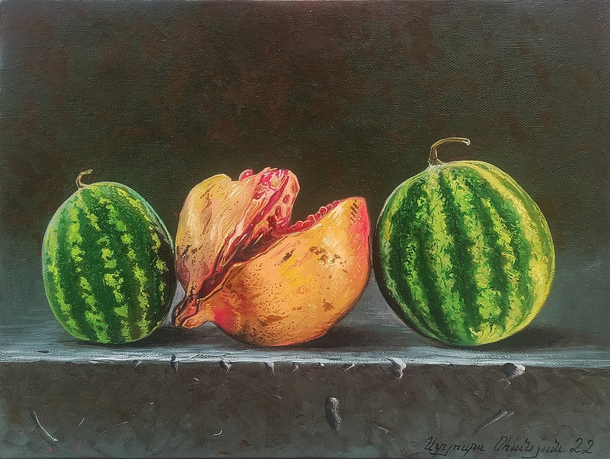 Still life pomegranate and small watermelons (40x30cm, oil painting, ready to hang) by Sergei Miqaielyan