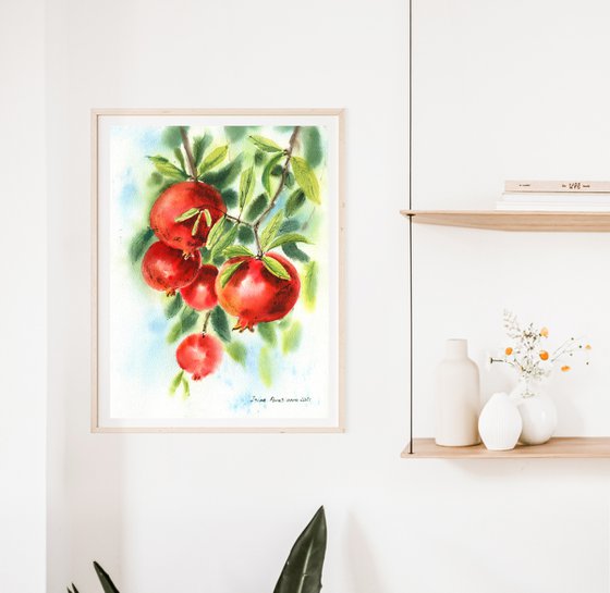 Pomegranate original watercolor painting, red fruits green leaves decor for dinner room, bedroom decor, gift for her