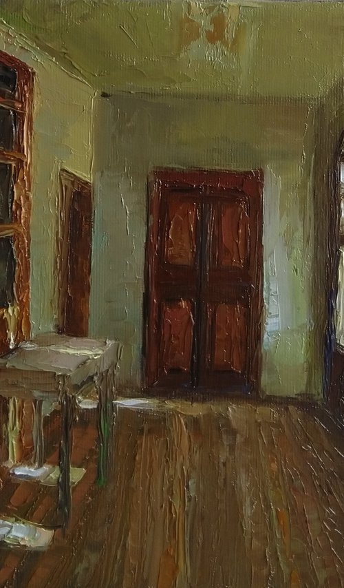 In a sunny room (25x35cm, oil painting, impressionistic) by Kamsar Ohanyan