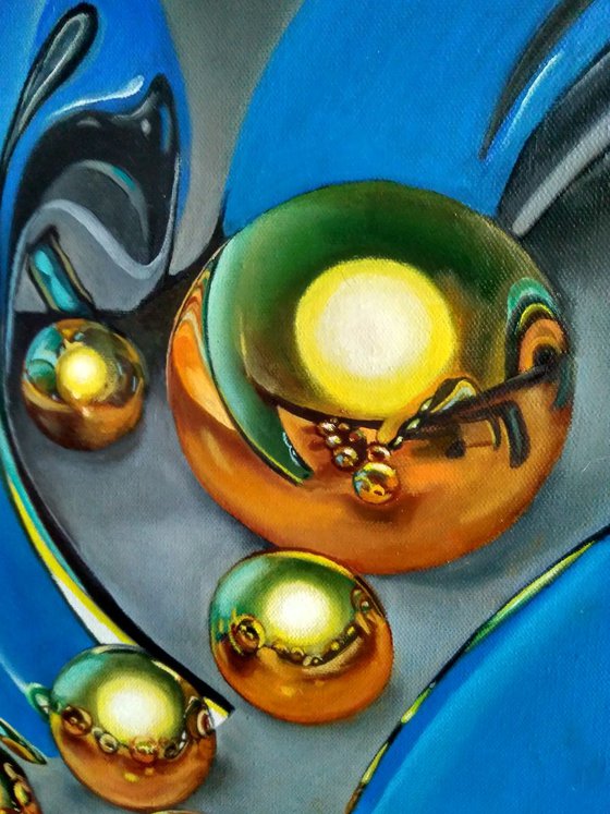 Abstraction Golden Spheres Blue Background Oil Painting Hyperrealism