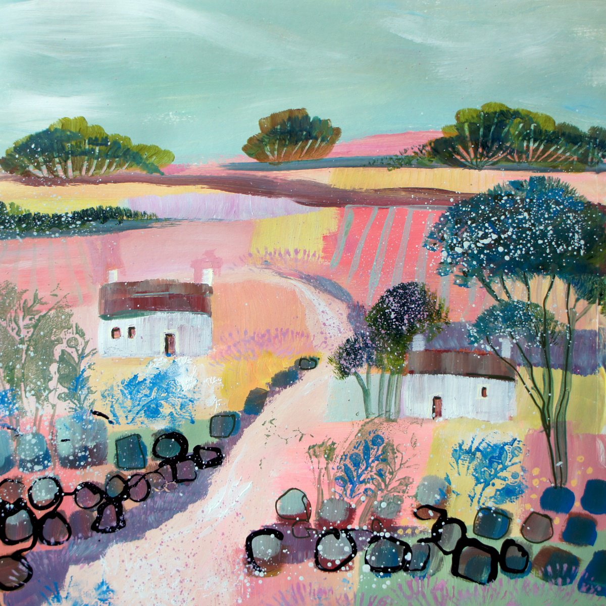 Impressionistic Landscape Acrylic Painting By Julia Rigby, 20 X 20", Two White Cottages, Original Artwork