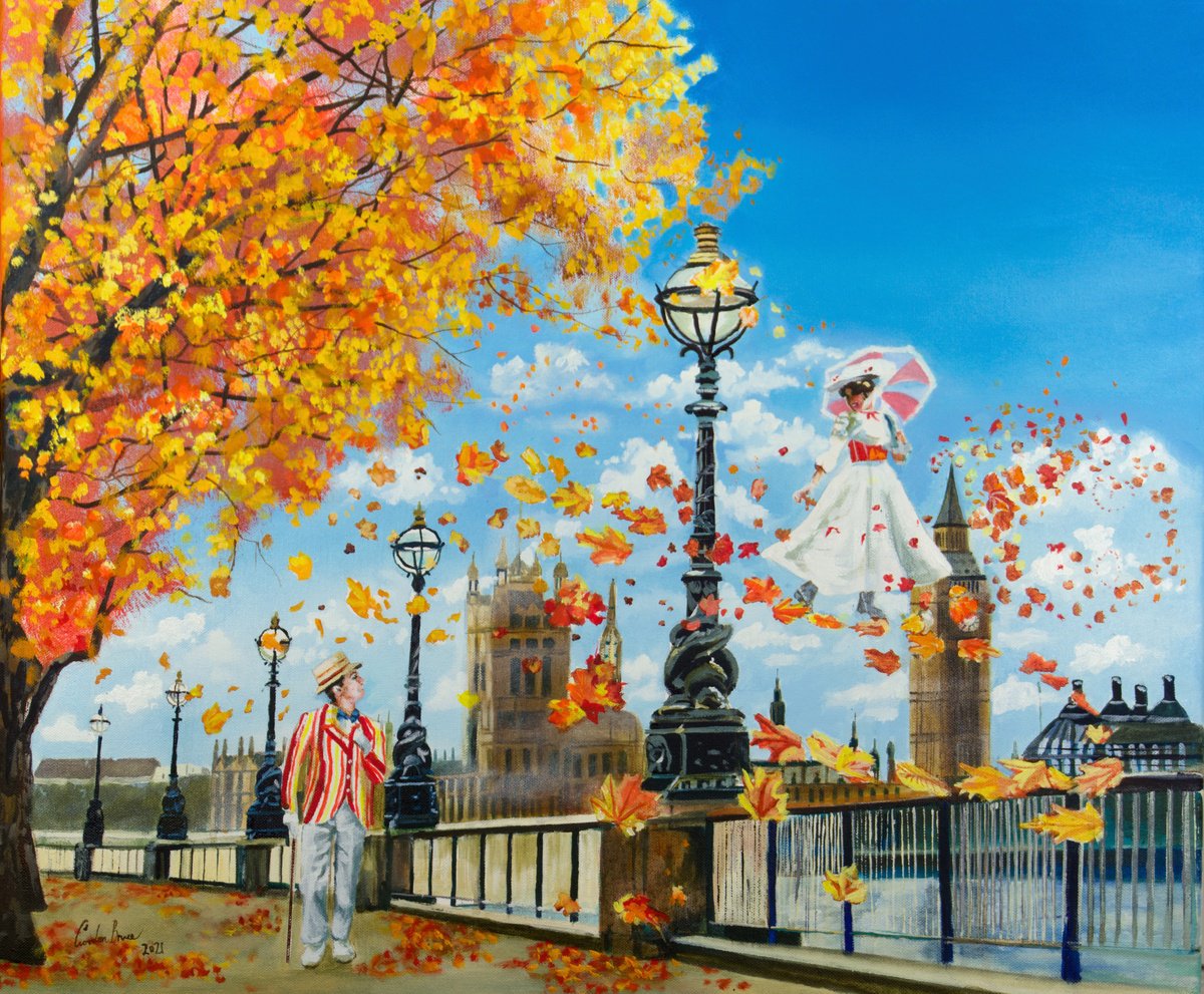 Impressionistic Cityscapes Oil Painting By Gordon Bruce, 24 X 20, Mary Poppins In London, Original Artwork