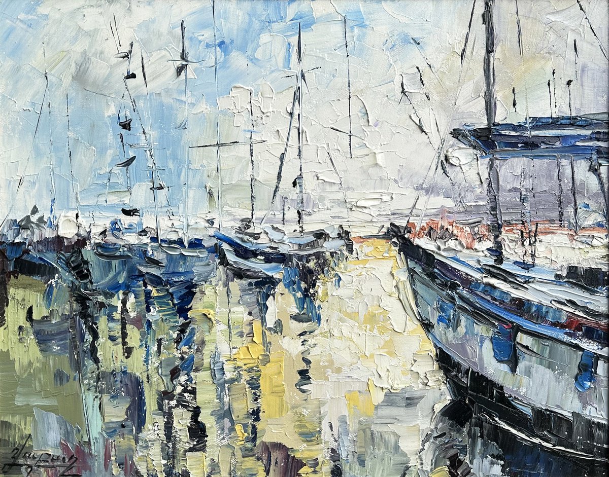 Impressionistic Landscape Oil Painting By Vahe Bagumyan, 20 X 16", Harbor Serenity, Original Artwork