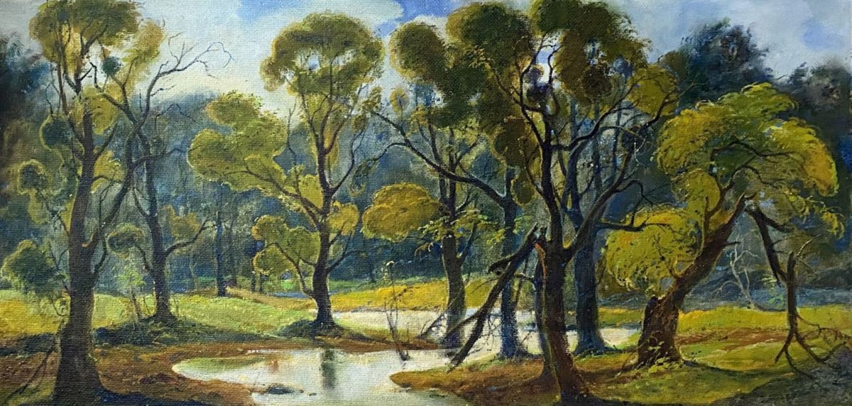 Impressionistic Landscape Oil Painting By Oleg And Alexander Litvinov, 28 X 14", Spill On Sula, Original Artwork