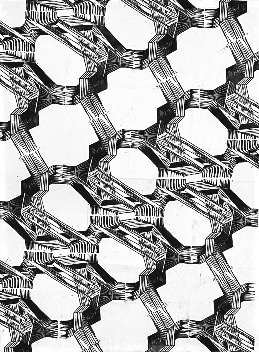 Geometric Abstract Linocut By Michael E. Voss, 24 X 18", Ducts And Illusions #6, Original Artwork