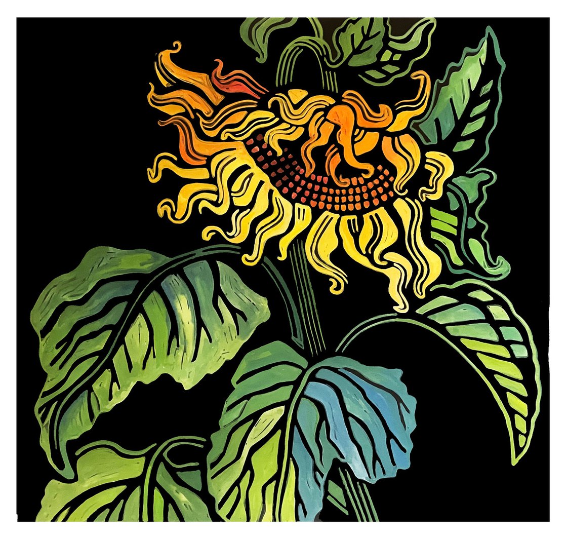 Drooping Sunflower Ii Linocut By Laurel Macdonald Artfinder