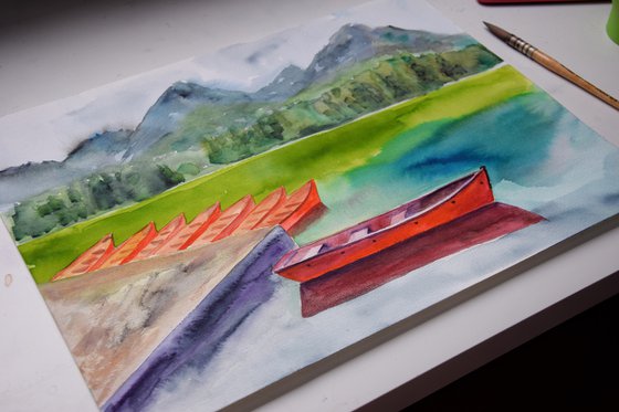 Mountains Painting, Boat on the Lake Original Watercolor Painting, Landscape Wall Art