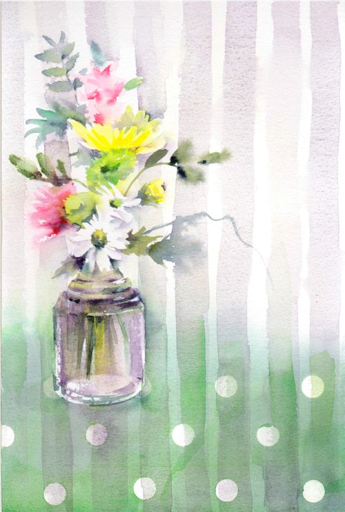 Chrysanthemums in a vase, Original floral watercolour painting by Anjana Cawdell